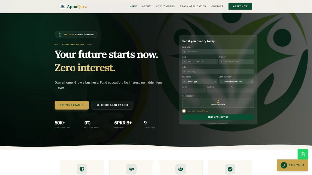 Modern finance platform website design for Apna Qarz — Homepage desktop view showing lead generation features