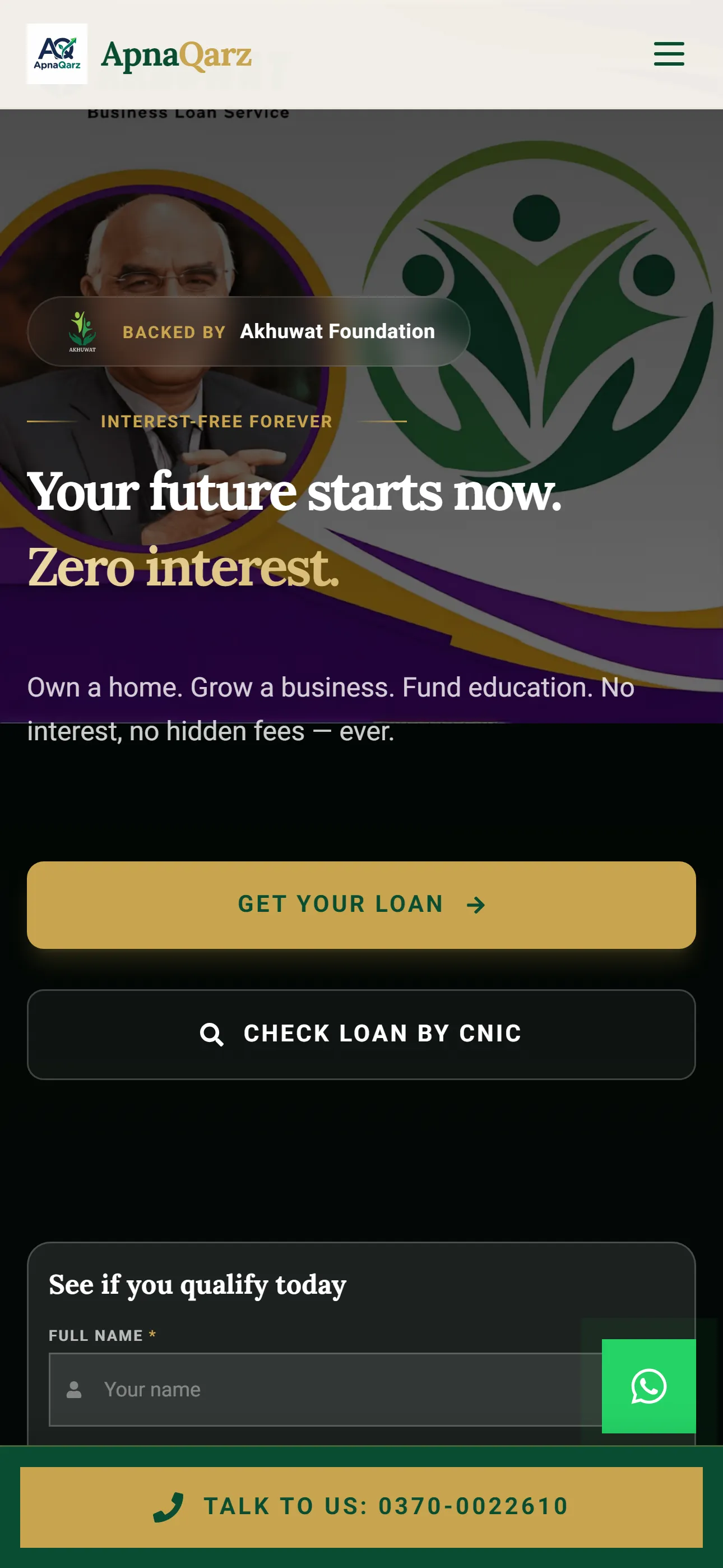 Apna Qarz mobile view — hero and primary call-to-action on small screen