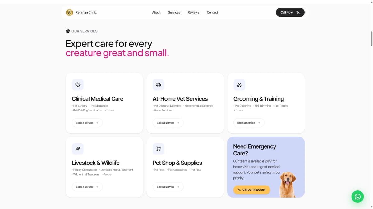 Services section of the Rehman Veterinary Clinic website